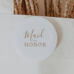Minimalist Gold Maid of Honour Bridal Shower 6 Cm Round Badge<br><div class="desc">This minimalist gold maid of honour bridal shower button is perfect for a simple wedding shower. The modern romantic design features classic gold and white typography paired with a rustic yet elegant calligraphy with vintage hand lettered style. Customisable in any colour. Keep the design simple and elegant, as is, or...</div>