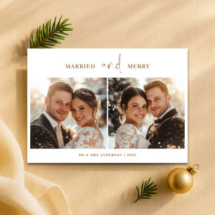 Minimalist Gold Married and Merry Christmas Photo Holiday Card
