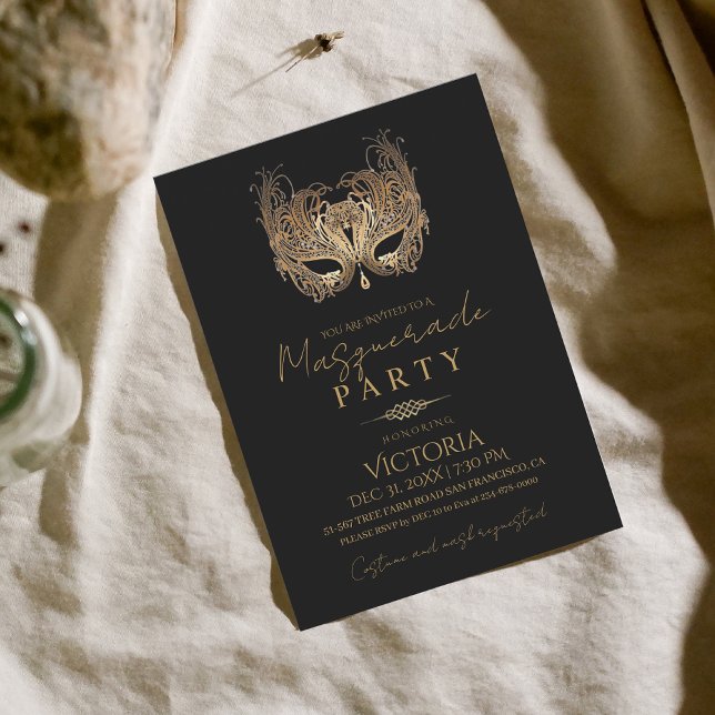 Minimalist Gold Masquerade Party Birthday Invitation (Creator Uploaded)
