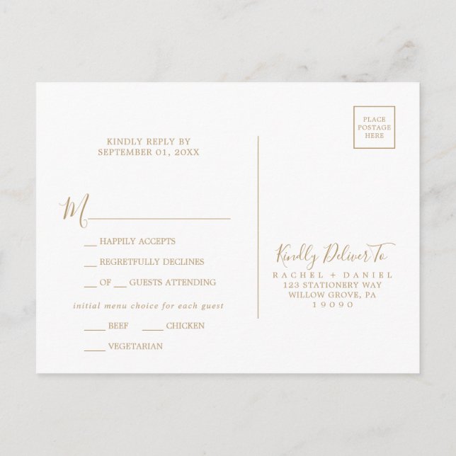 Minimalist Gold Menu Choice RSVP Postcard (Back)