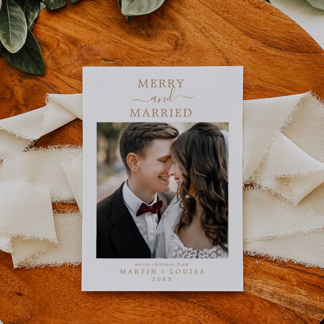 Minimalist Gold Merry and Married Newlywed Photo Holiday Card (Creator Uploaded)