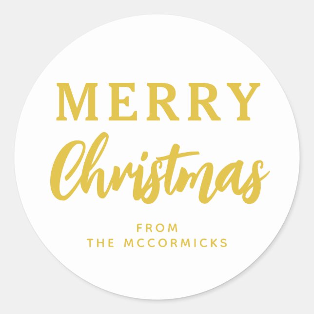 Minimalist Gold Merry Christmas Calligraphy Family Classic Round Sticker (Front)