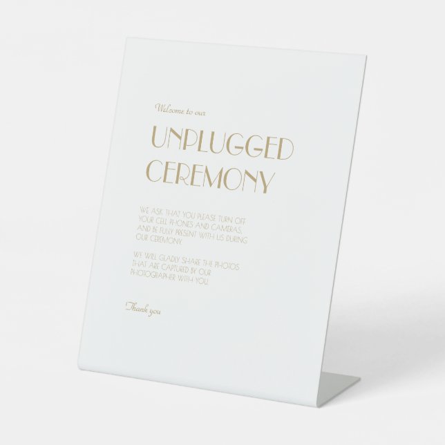 Minimalist Gold Modern Art Deco Unplugged Ceremony Pedestal Sign (Front)
