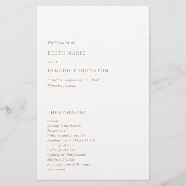 Minimalist Gold Modern Wedding Program (Front)