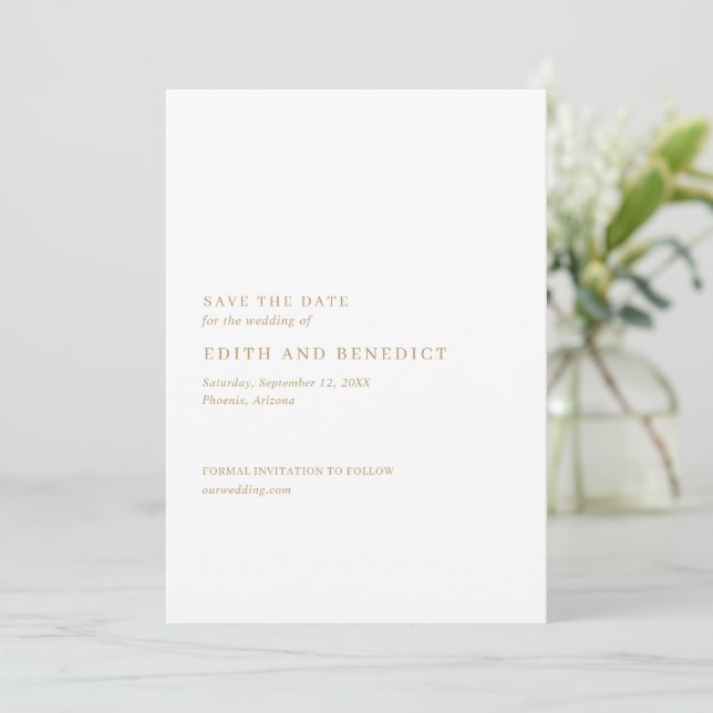 Minimalist Gold Modern Wedding Save The Date (Standing Front)