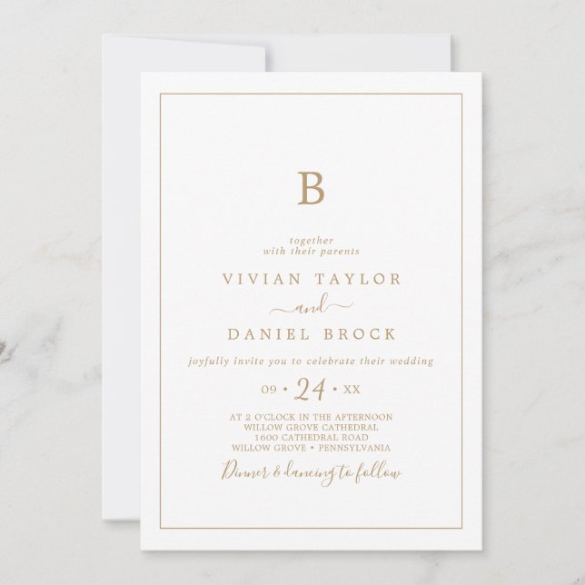 Minimalist Gold Monogram Wedding Invitation (Front)