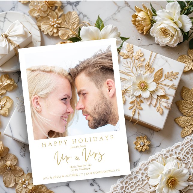 Minimalist Gold MR & MRS & Happy Holidays Quotes Save The Date (Minimalist Faux Gold MR & MRS & Happy Holidays Quotes Christmas Card with Envelope. )