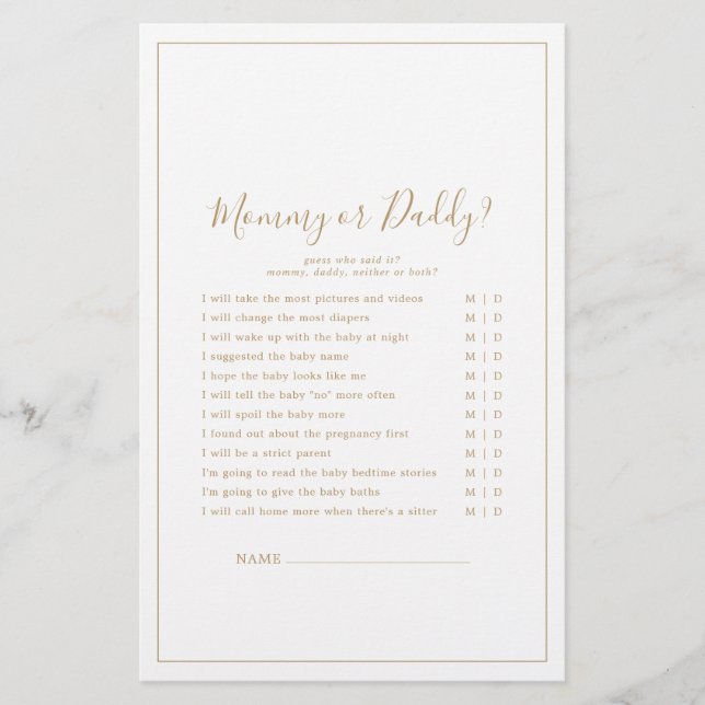 Minimalist Gold Mummy or Daddy Game (Front)