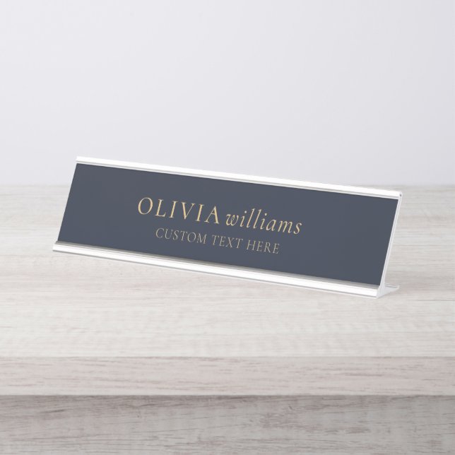 Minimalist Gold Navy Blue Simple Professional Desk Name Plate (Front)