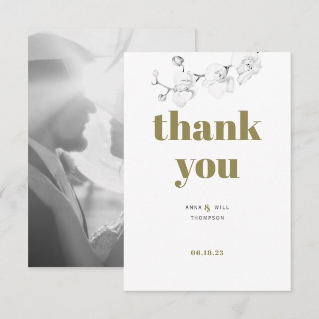 Minimalist Gold Orchid Photo Wedding Thank You (Front/Back)