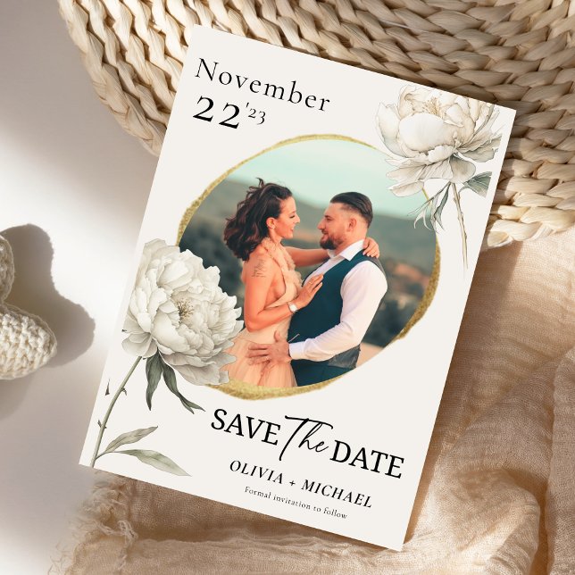 Minimalist Gold Peony Photo Save The Date (Creator Uploaded)