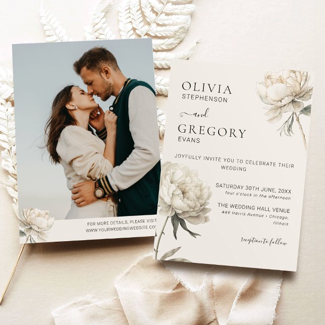 Minimalist Gold Peony Photo Wedding Invitation (Creator Uploaded)