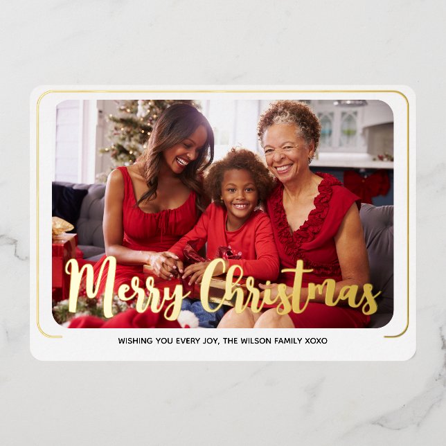 Minimalist Gold Photo Christmas Foil Holiday Card (Front)