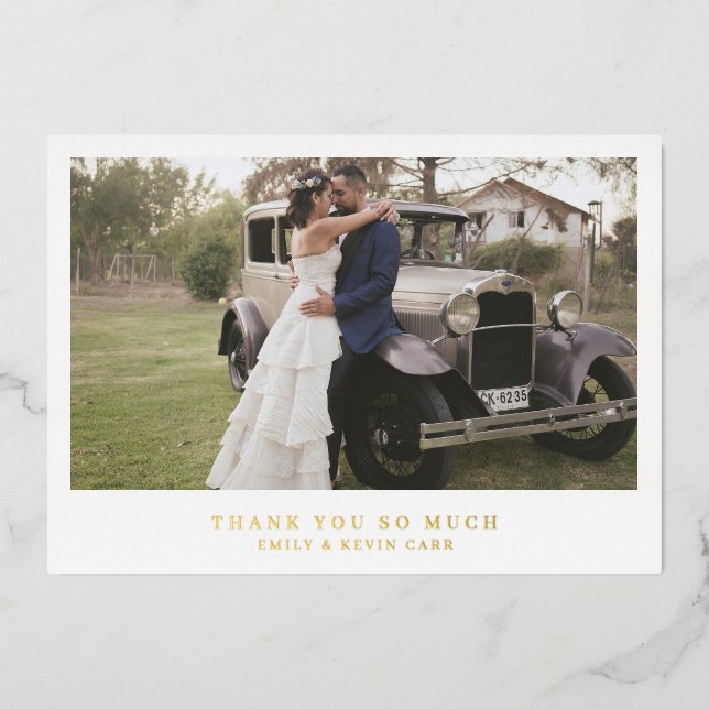 Minimalist Gold Photo Wedding Thank You Card (Front)