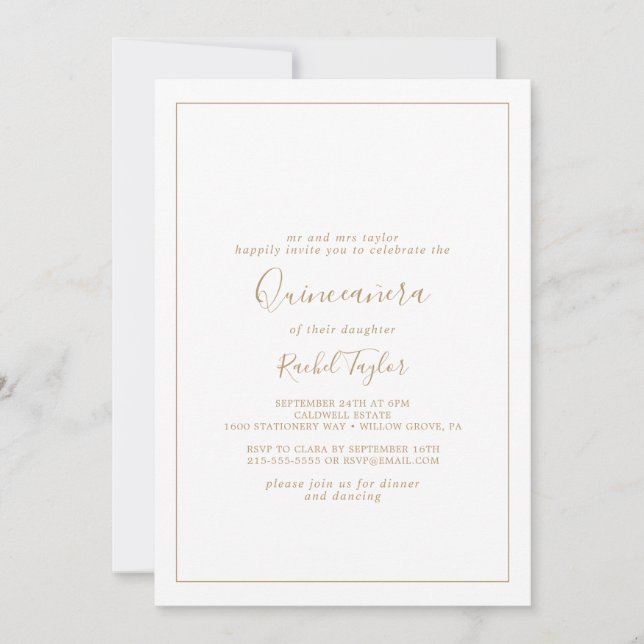 Minimalist Gold Quinceañera Invitation (Front)