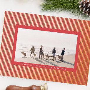 Minimalist Gold & Red Pin Stripe Christmas Photo Foil Holiday Card