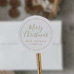 Minimalist Gold Ring Merry Christmas Holiday Gift Classic Round Sticker<br><div class="desc">These minimalist gold ring Merry Christmas holiday gift stickers are perfect for a simple holiday present or holiday card. The design features classic gold and white typography paired with a rustic yet elegant script font with hand lettered style. Personalise the stickers with your name.</div>