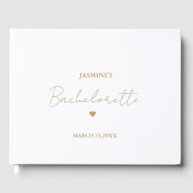 Minimalist Gold Script Bachelorette Party Guest Book (Front)
