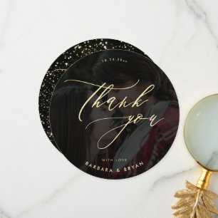 Minimalist Gold Script Glitter Wedding Photo Thank You Card