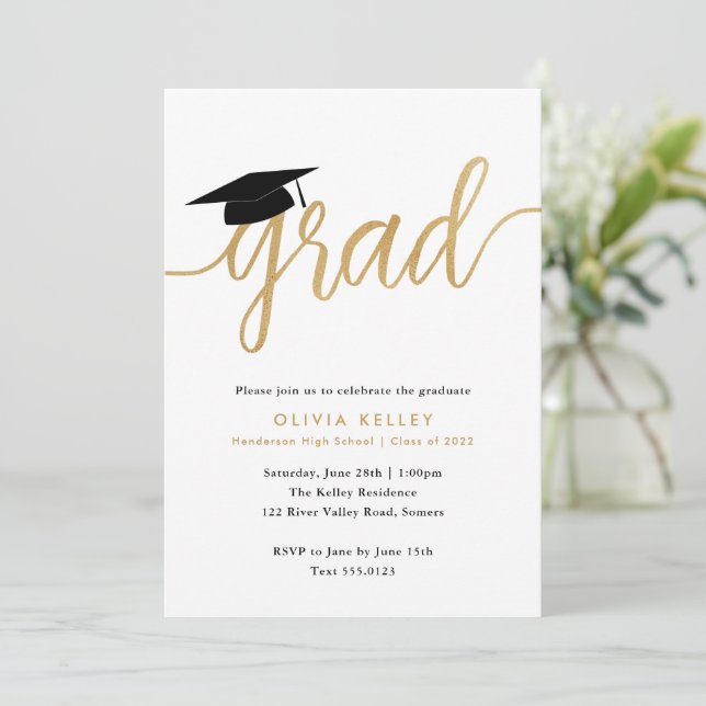 Minimalist Gold Script Graduation Cap Party Invitation (Standing Front)