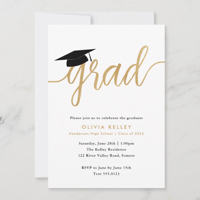 Minimalist Gold Script Graduation Cap Photo Invitation (Front)