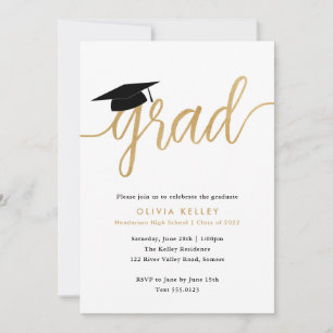 Minimalist Gold Script Graduation Cap Photo Invitation
