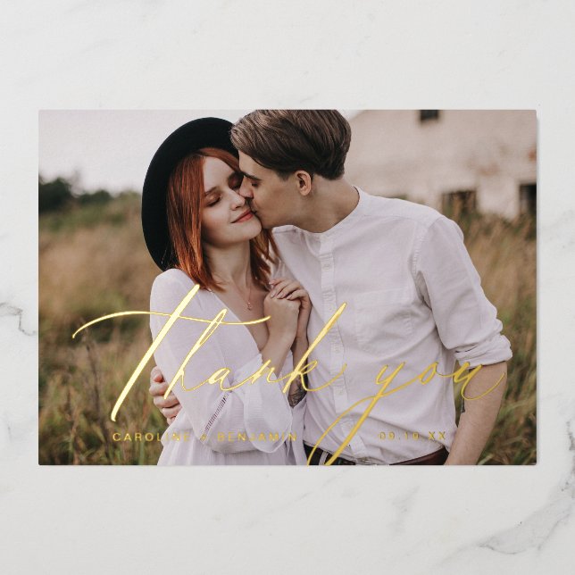 Minimalist Gold script photo wedding thank you (Front)