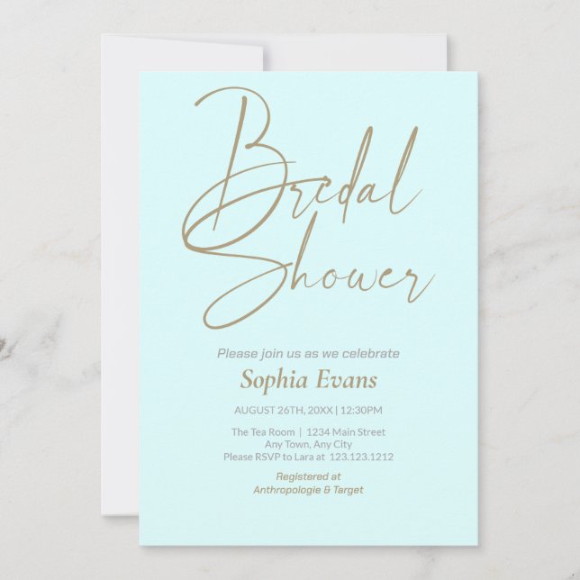 Minimalist Gold Silver Light Cyan Bridal Shower Invitation (Front)