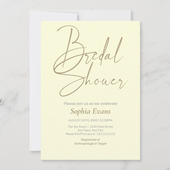 Minimalist Gold Silver Light Yellow Bridal Shower Invitation (Front)