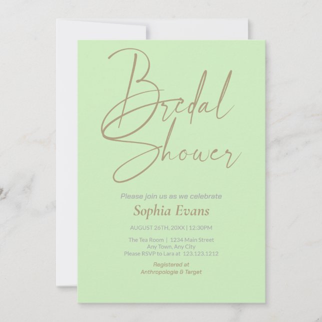 Minimalist Gold Silver Tea Green Bridal Shower Invitation (Front)