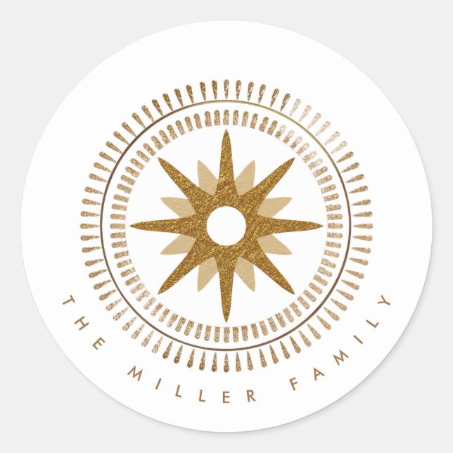 Minimalist Gold Starburst Medallion Family Name Classic Round Sticker (Front)
