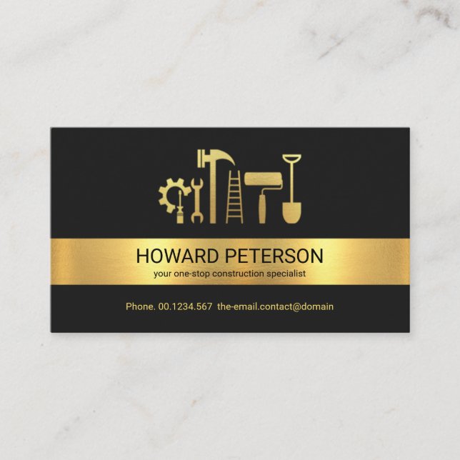 Minimalist Gold Stripe Handyman Tools Contractor Business Card (Front)