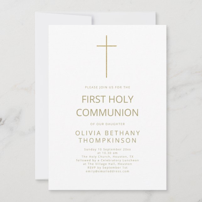Minimalist Gold Text Cross First Holy Communion Invitation (Front)