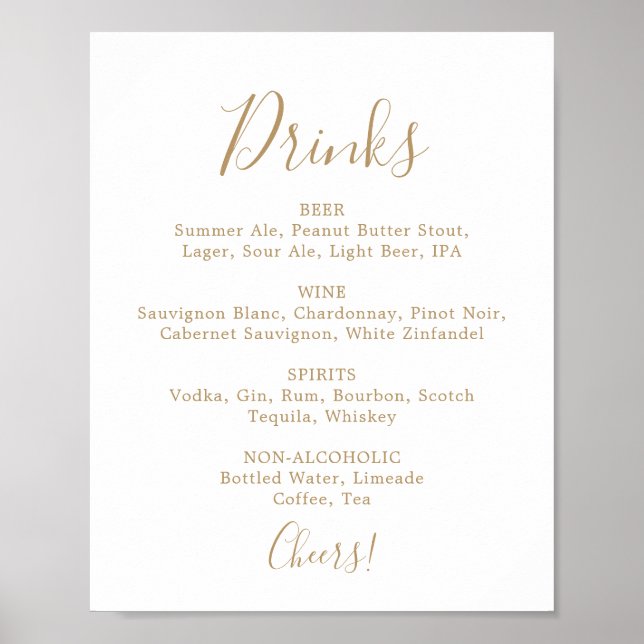 Minimalist Gold Wedding Drinks Menu Sign (Front)