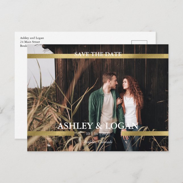 Minimalist Gold Wedding Save the Date Photo Announcement Postcard (Front/Back)