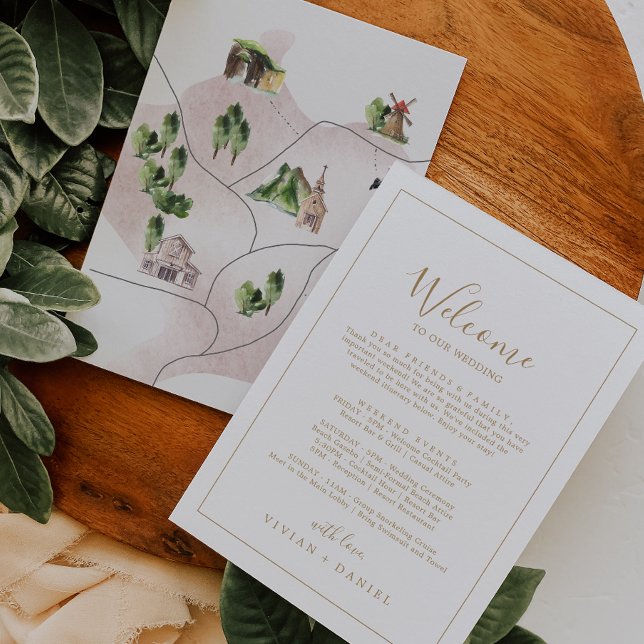 Minimalist Gold Welcome Letter Itinerary & Map (Creator Uploaded)