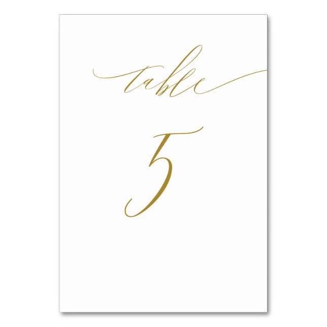 Minimalist Gold White Elegant Script No 5 Wedding Table Number (Front)