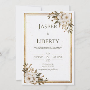 Minimalist Gold White Floral Earthy Rustic Wedding Invitation