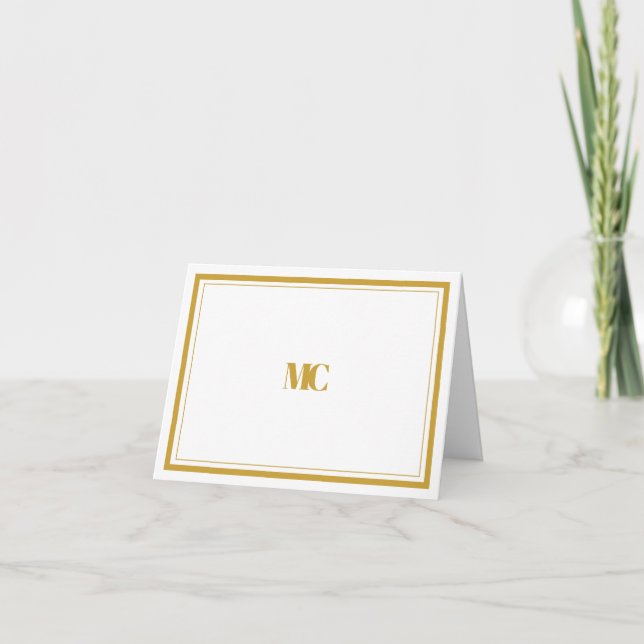 Minimalist Gold White Monogram Border Note Card  (Front)