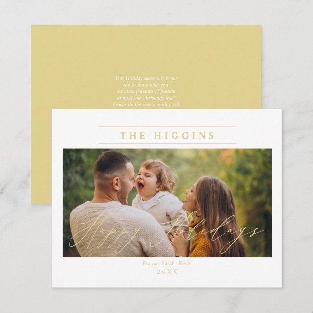 Minimalist Golden Happy Holidays Photo Family Holiday Card (Front/Back)