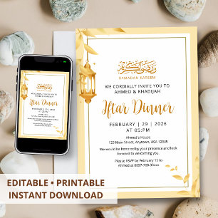 Minimalist Golden Leaf Frame Iftar Invitation