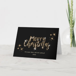 Minimalist Golden Sparkle Lights Black Christmas Holiday Card