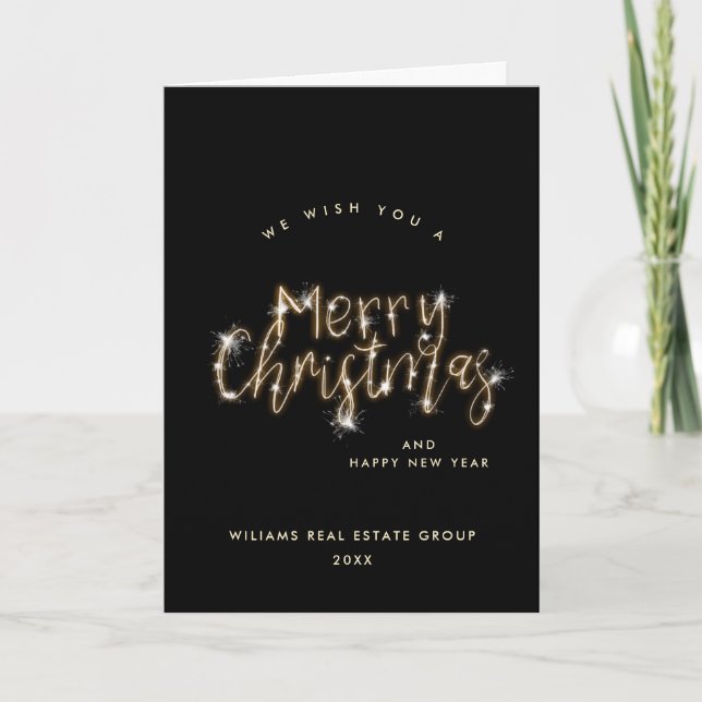 Minimalist Golden Sparkle Lights Black Christmas Holiday Card (Front)