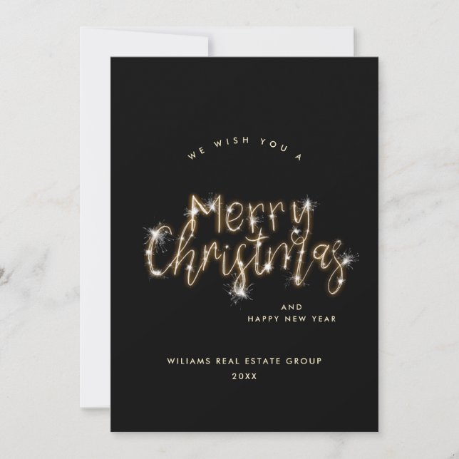 Minimalist Golden Sparkle Lights Merry Christmas Holiday Card (Front)