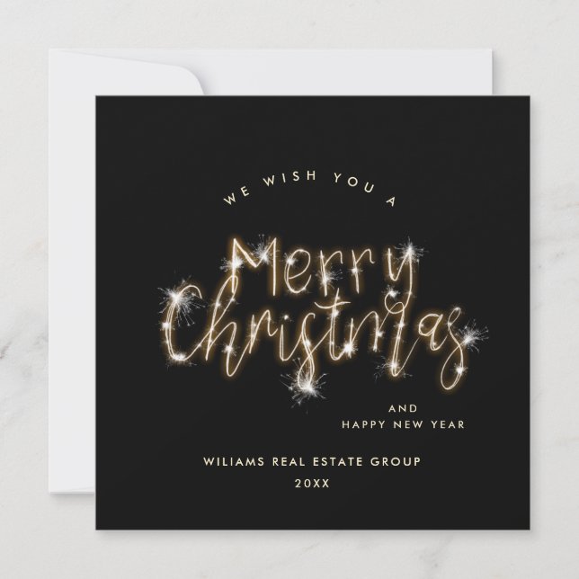 Minimalist Golden Sparkle Lights Merry Christmas Holiday Card (Front)