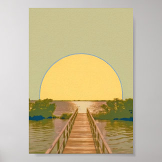 Minimalist Golden Sun Boardwalk Lake Landscape Poster