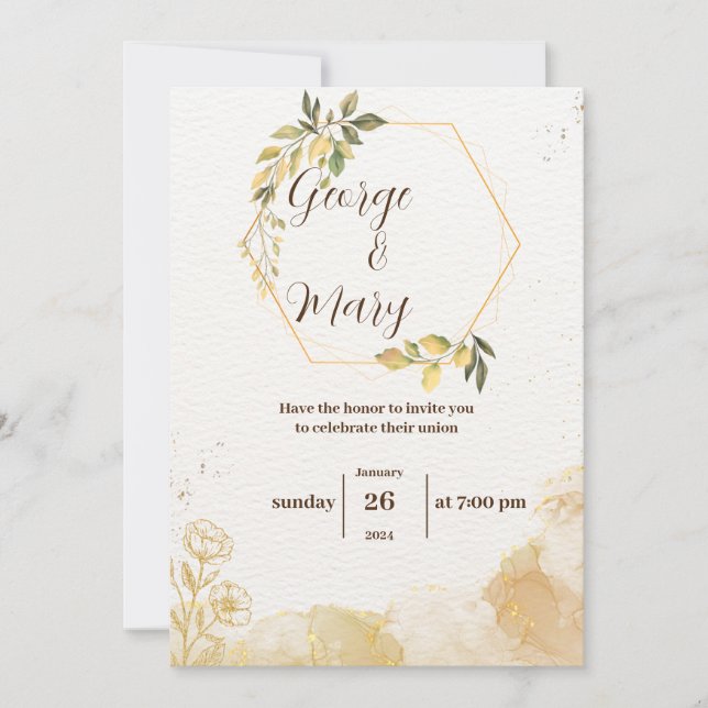 Minimalist golden watercolor wedding invitation (Front)