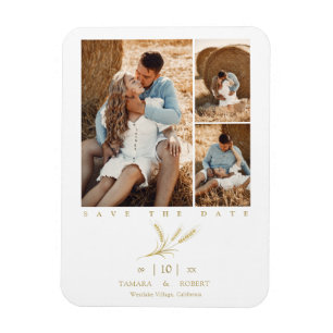 Minimalist Golden Wheat 3 Photos Collage Wedding Magnet