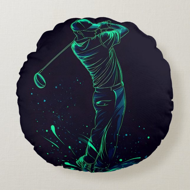Minimalist Golfer Green Glow Silhouette Round Cushion (Front)