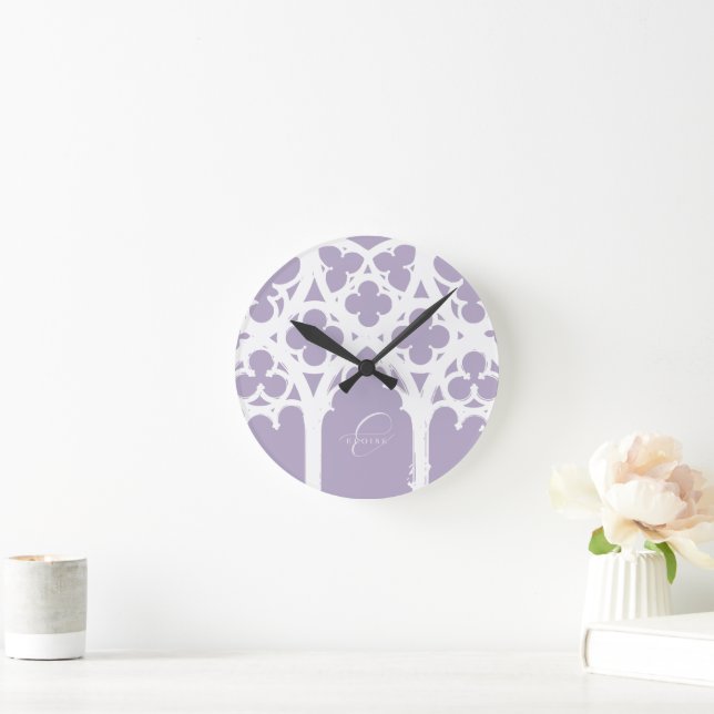 Minimalist Gothic Window Calligraphy Lavender Round Clock (Home)